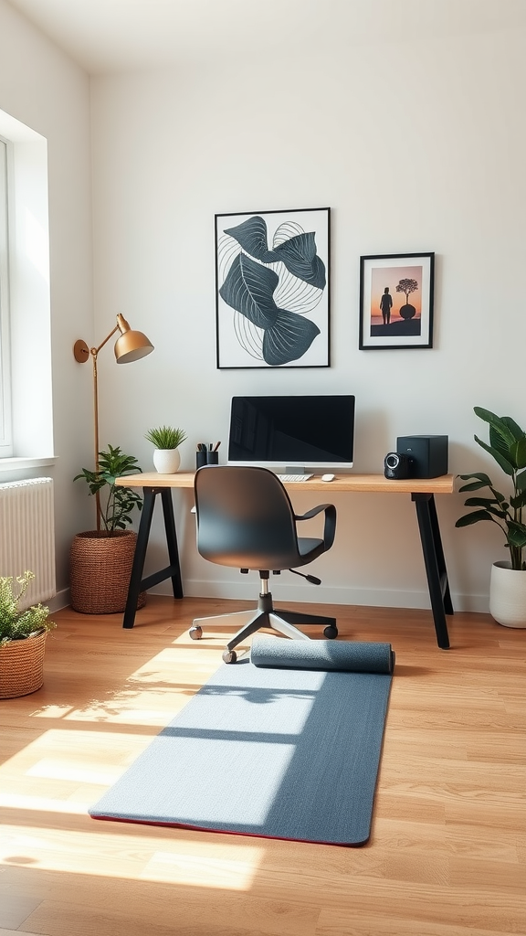 A modern home office setup with a focus on wellness, featuring yoga mats and a stylish desk.