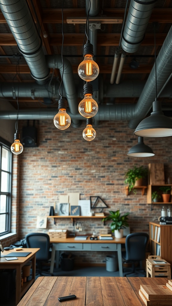 Cozy rustic office with industrial-style lighting fixtures and a brick wall.