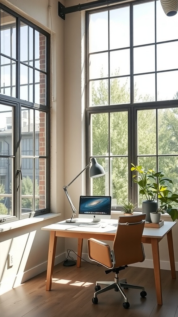 Spacious industrial office space with large windows letting in natural light