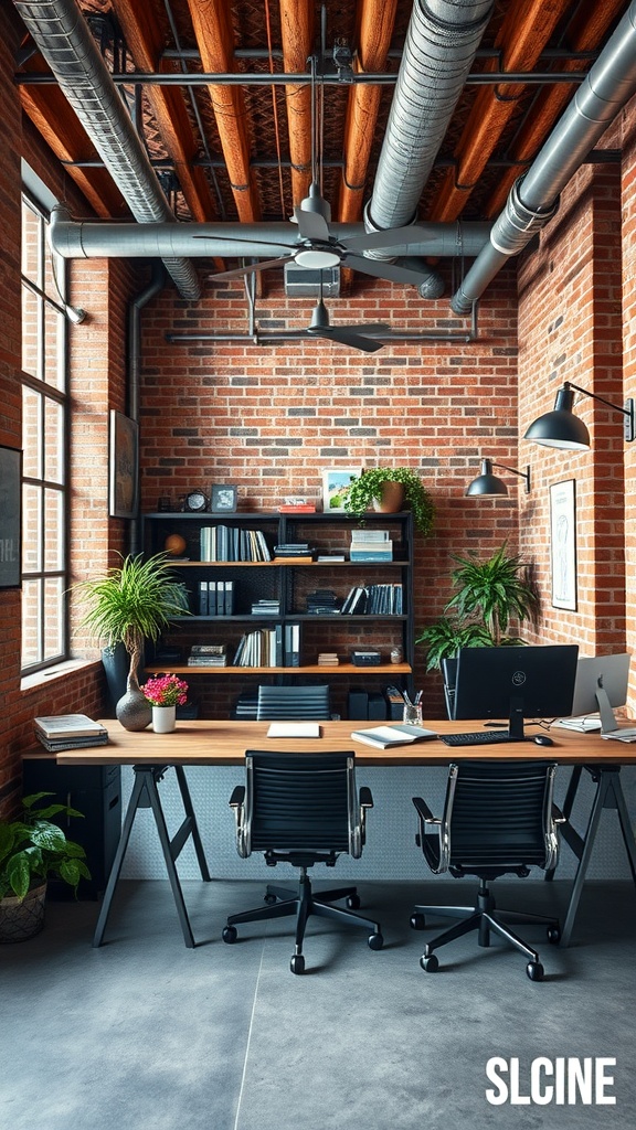 An industrial chic office with exposed brick walls, wooden beams, and modern furniture.