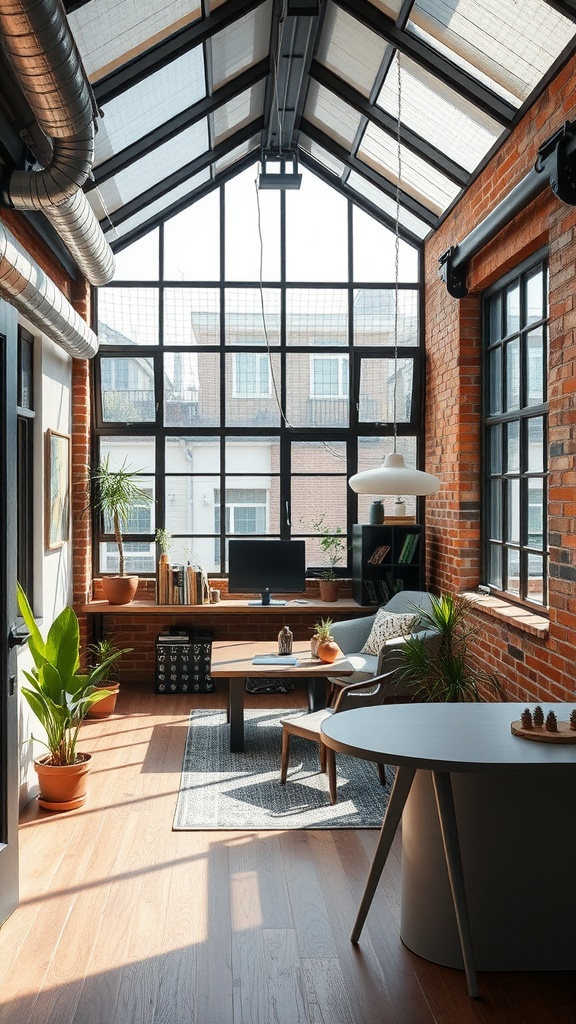 An industrial chic sunroom office with large windows, exposed brick walls, and comfortable furniture.