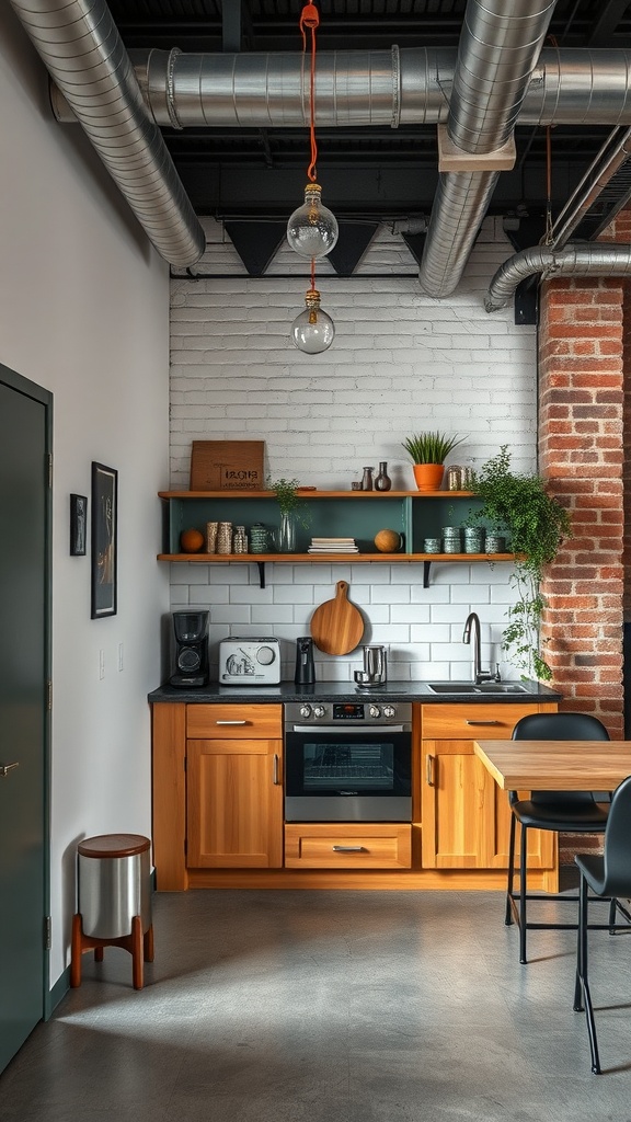 A modern industrial kitchenette featuring wooden cabinets, stainless steel appliances, and an exposed brick wall.