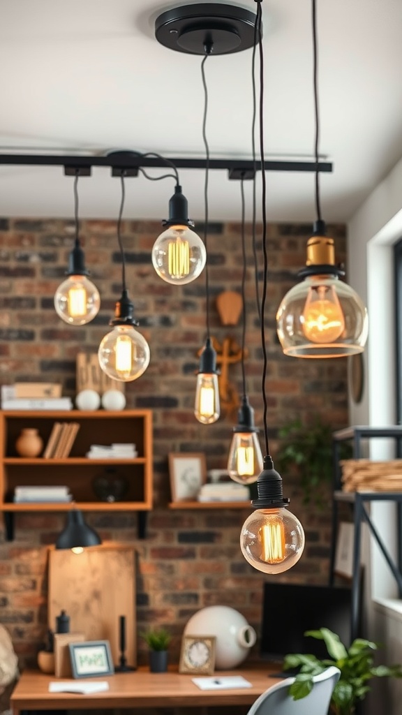 An array of industrial-style light fixtures hanging from the ceiling