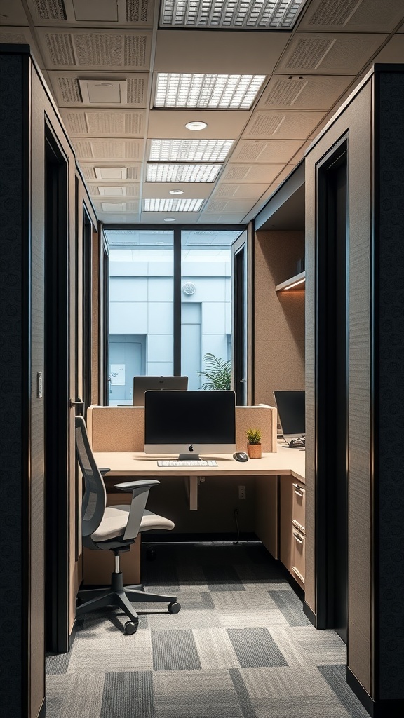 A modern cubicle design featuring a desk with a computer and a small plant, illuminated by bright ceiling lights, showcasing a sleek and functional workspace.