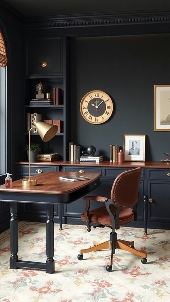 A modern desk setup in a bright room featuring a round wooden table, stylish chairs, and minimal decor.