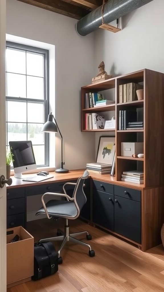 A modern industrial office storage unit with closed cabinets and open shelves, featuring files and a plant beside it.