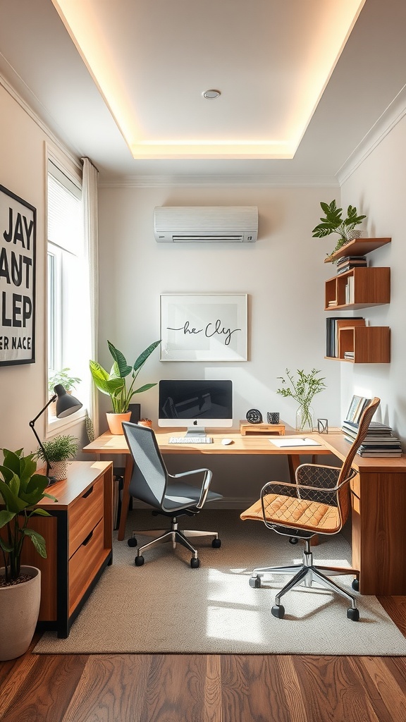 A modern office space featuring a desk, two chairs, shelves with plants, and wall art.