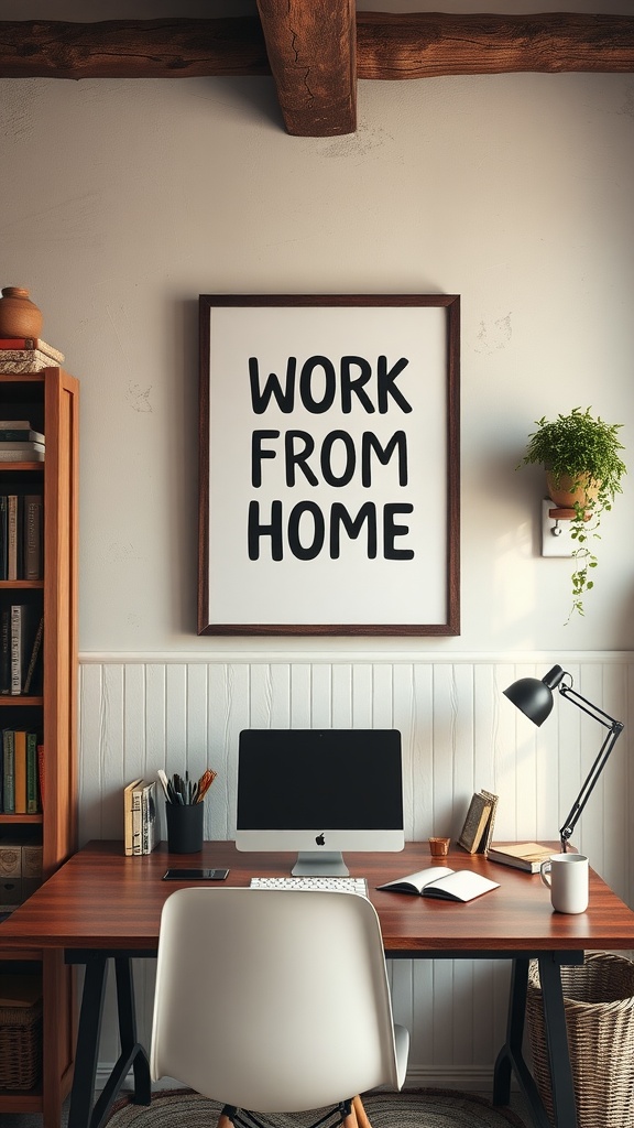 A rustic office space featuring inspirational quotes on the wall, wooden furniture, and a cozy atmosphere.