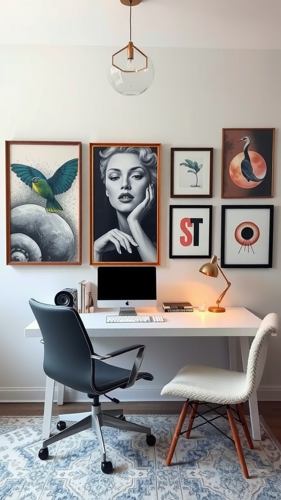 A well-designed home office with inspiring artwork and a minimalist desk setup