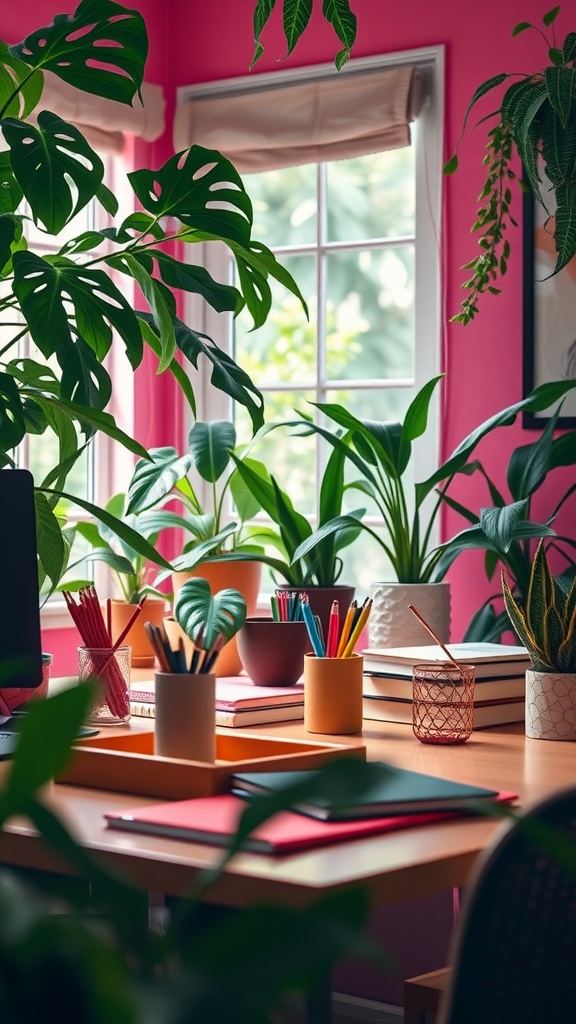 A cozy boho office with a colorful pink wall and numerous plants surrounding a desk filled with stationery and books.