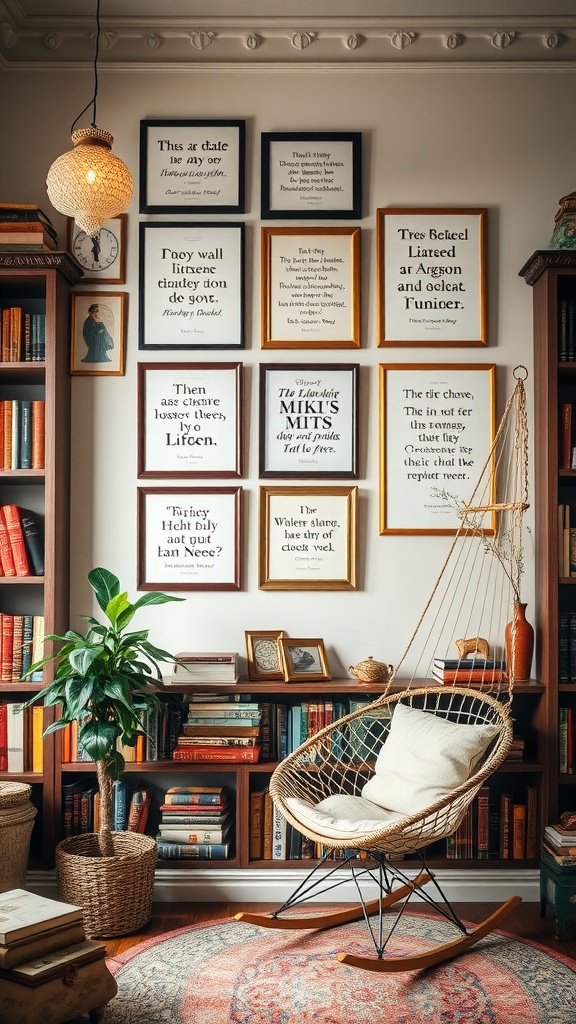 Cozy home library featuring bookshelves, framed literary quotes, and a comfortable chair.