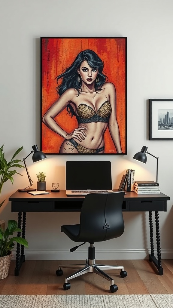 Cozy office space with inspiring wall art and a wooden desk setup