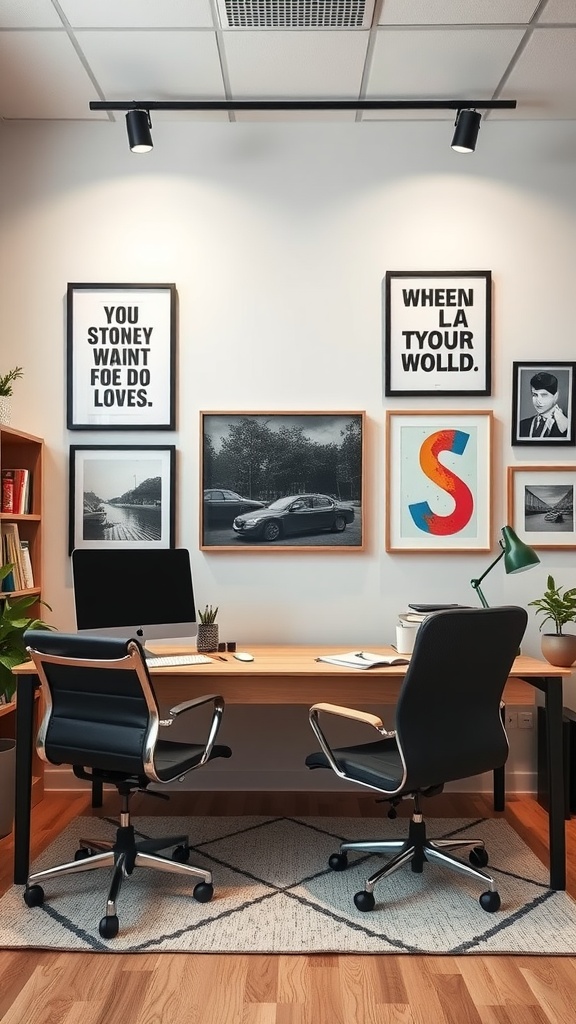 A modern office interior with stylish wall art and a sleek desk setup.