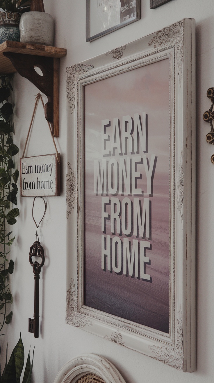 Charming home office with a poetic wall quote, floral wallpaper, and vintage decor