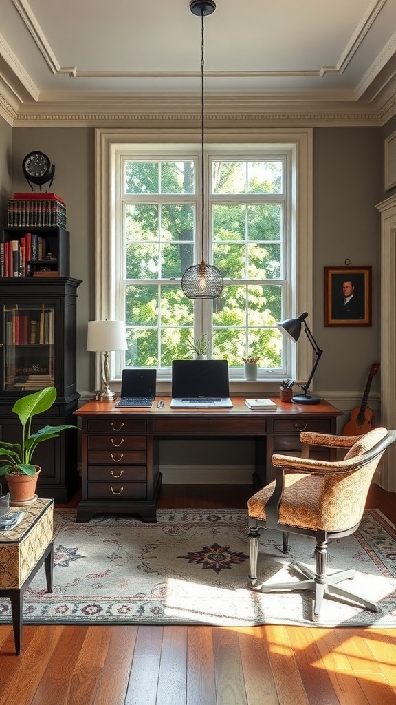 A modern masculine home office featuring a white desk, computer, plants, and wall decor.