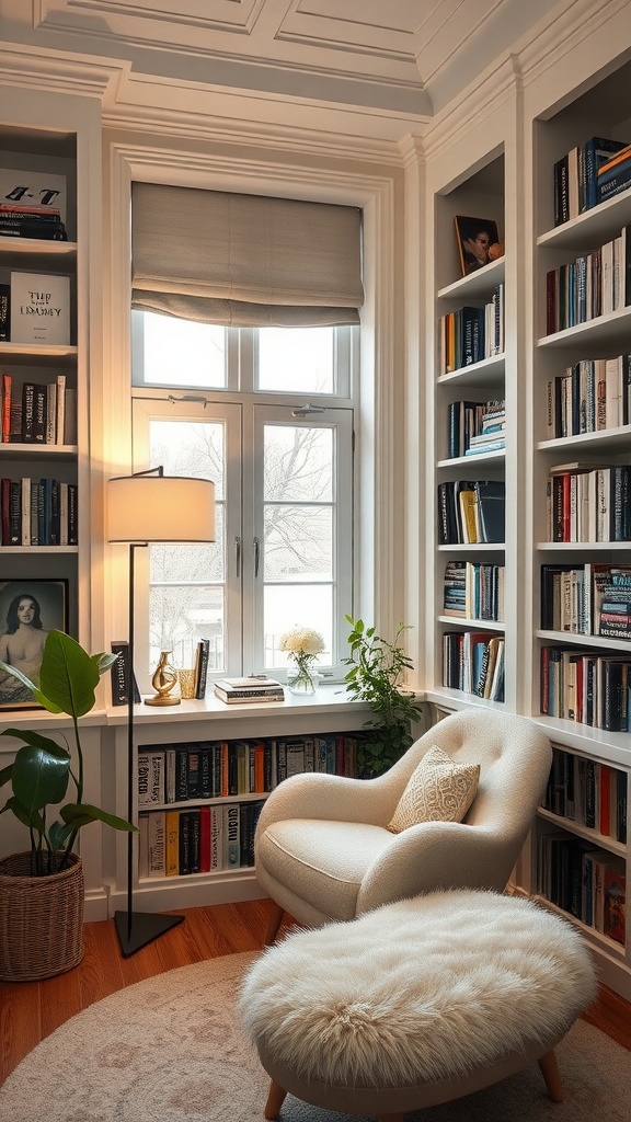 A cozy reading corner with built-in bookshelves, warm lighting, and a comfortable chair.