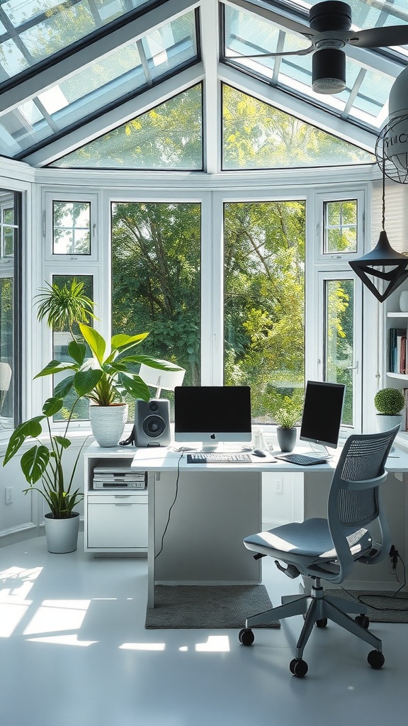 A bright sunroom office space with large windows, greenery, and modern tech setup