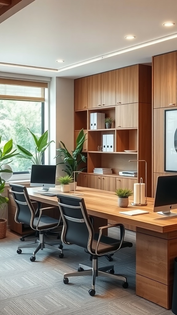 Modern office interior featuring wooden furniture, plants, and multiple workstations promoting wellness.