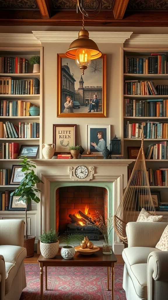 A cozy home library featuring a fireplace surrounded by bookshelves, comfortable seating, and decorative items.