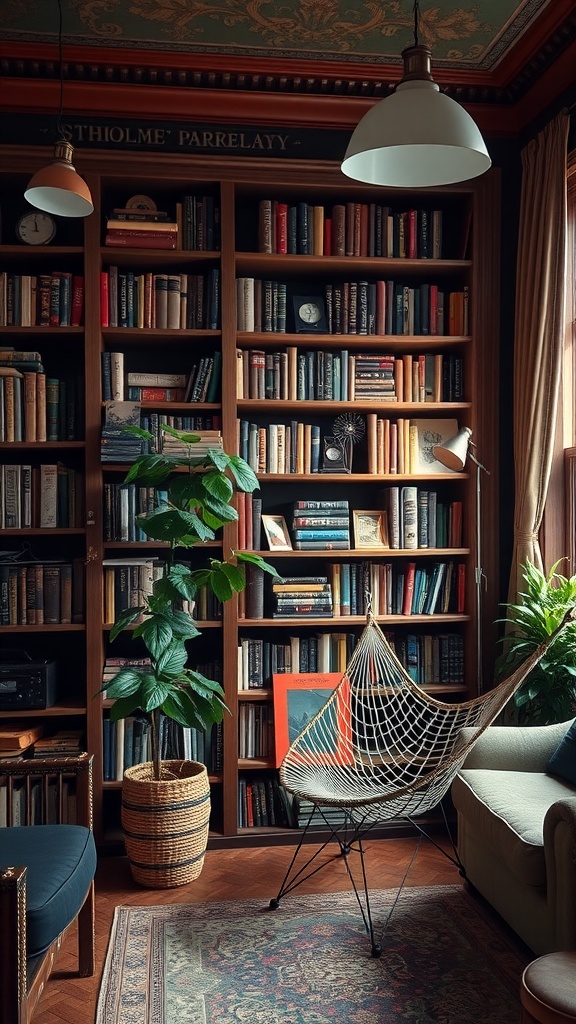 A cozy home library featuring bookshelves, a comfortable chair, and plants.