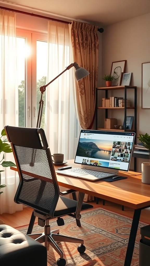 A cozy home office with a wooden desk, ergonomic chair, laptop, and natural light coming through curtains.