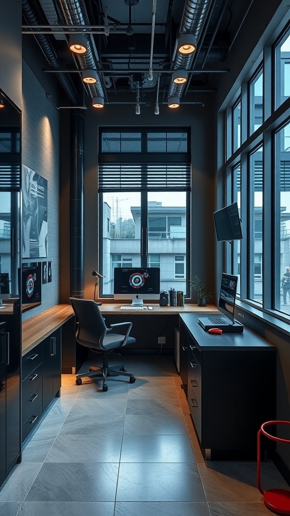 Modern industrial office with high ceilings, exposed pipes, and a spacious layout filled with natural light.