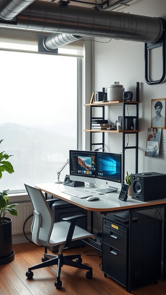 A modern industrial office space featuring multiple workstations with dual monitors and a large presentation screen.