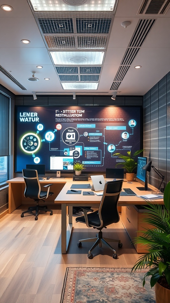 A modern office space featuring interactive digital displays with sleek desks and plants