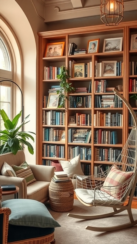 A cozy reading nook with a rocking chair and bookshelves filled with colorful books and decorations.