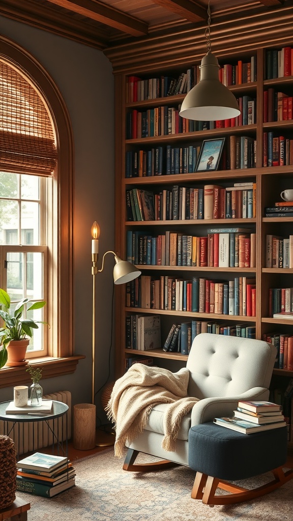 A cozy reading nook featuring a comfortable armchair, a bookshelf filled with books, a small table, and warm lighting.