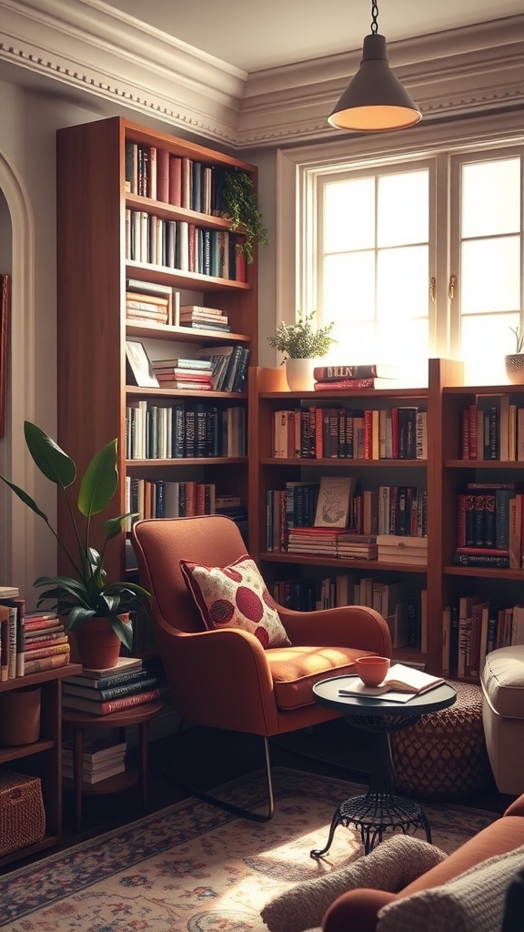 Cozy reading nook with bookshelves and natural light, featuring an orange chair and small table.