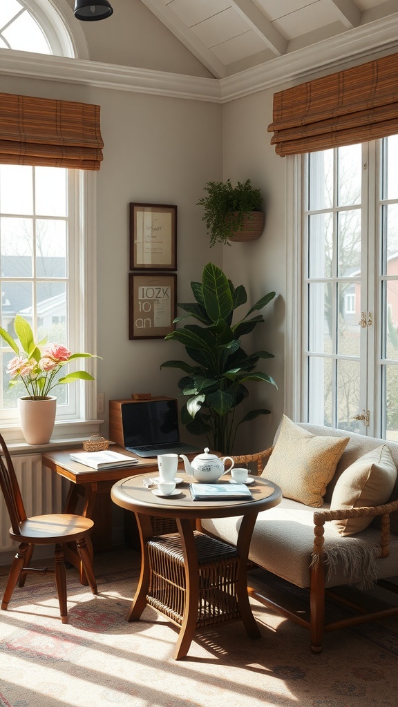 A cozy tea corner in a sunroom with a wooden table, comfortable seating, and plants, creating a relaxing atmosphere.