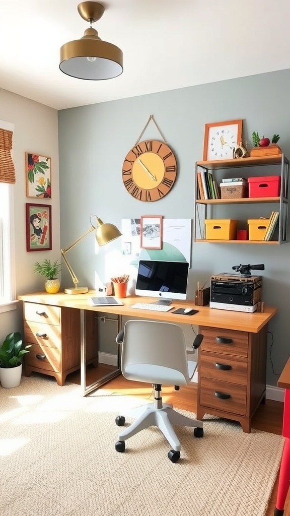 A cozy study space for kids with a desk, chair, and plants by the window.