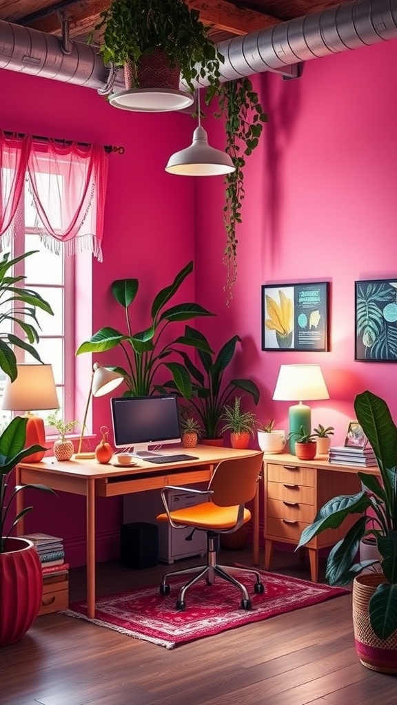 A vibrant boho office with layered lighting, featuring a pink wall, plants, and a wooden desk.