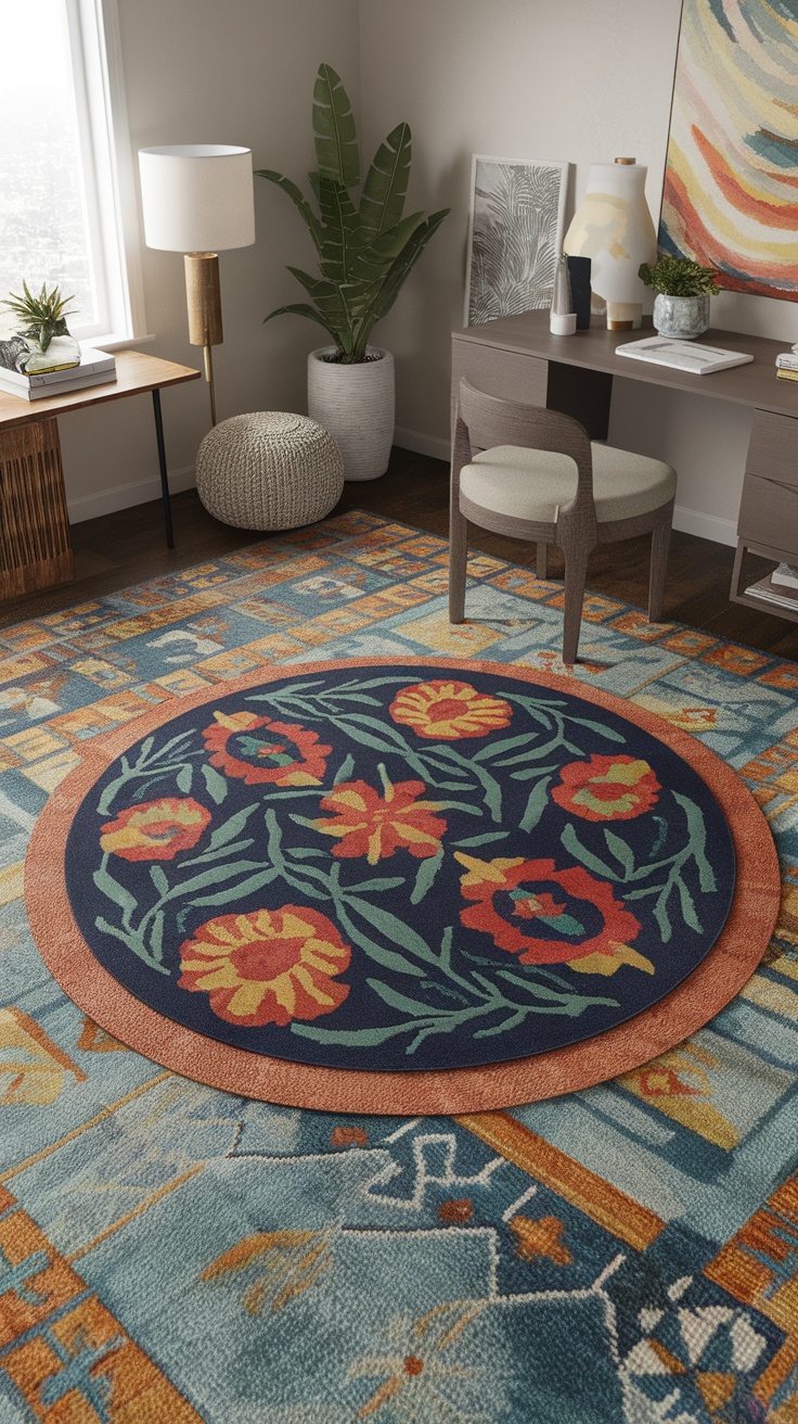 A home office featuring a layered floral round rug over a larger area rug, with a desk and plant in the background.