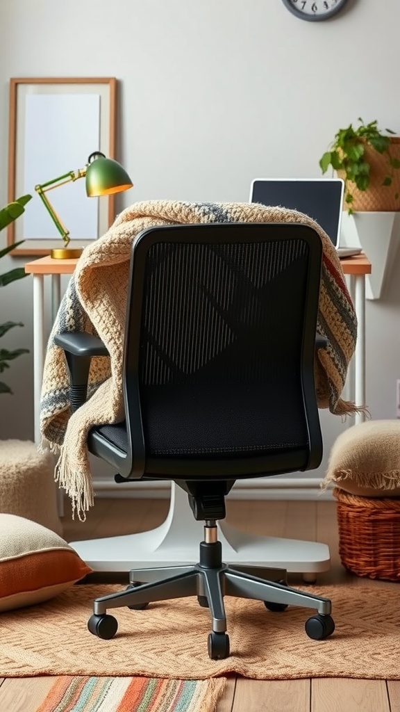 A cozy office space featuring a chair with a blanket, cushions on the floor, and a desk with a laptop and lamp