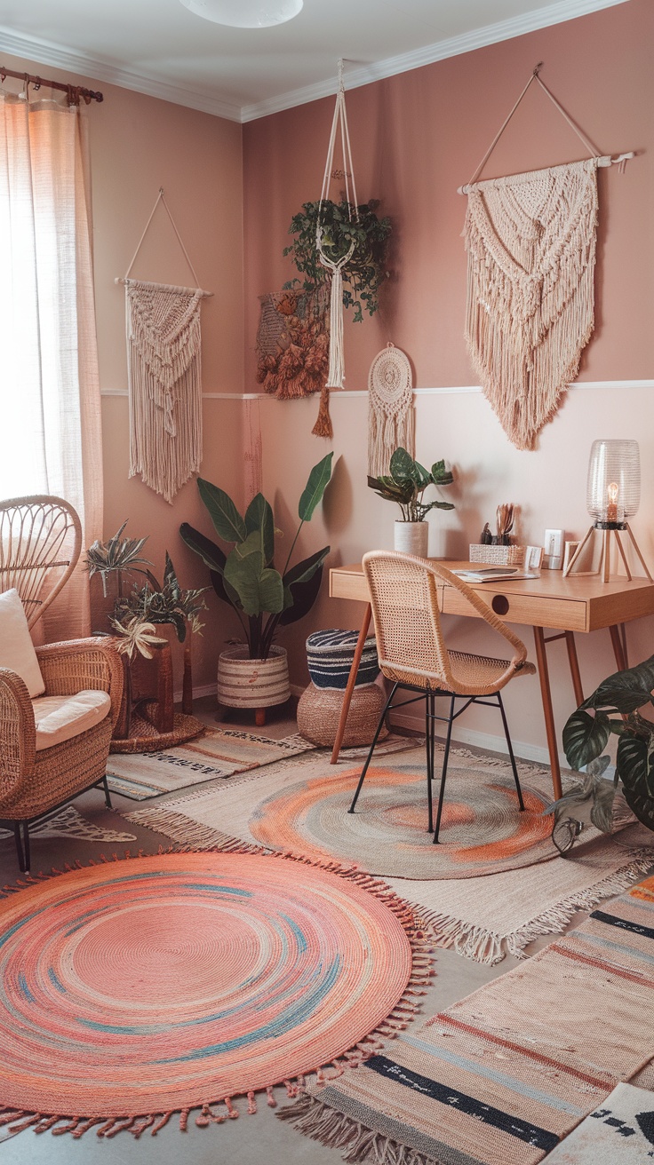 A cozy boho office space featuring layered rugs, plants, and stylish decor.