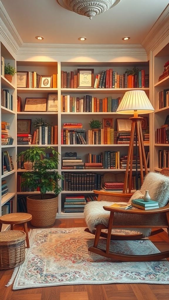 A cozy home library with layered textures featuring a rocking chair, bookshelves filled with books, and plants.