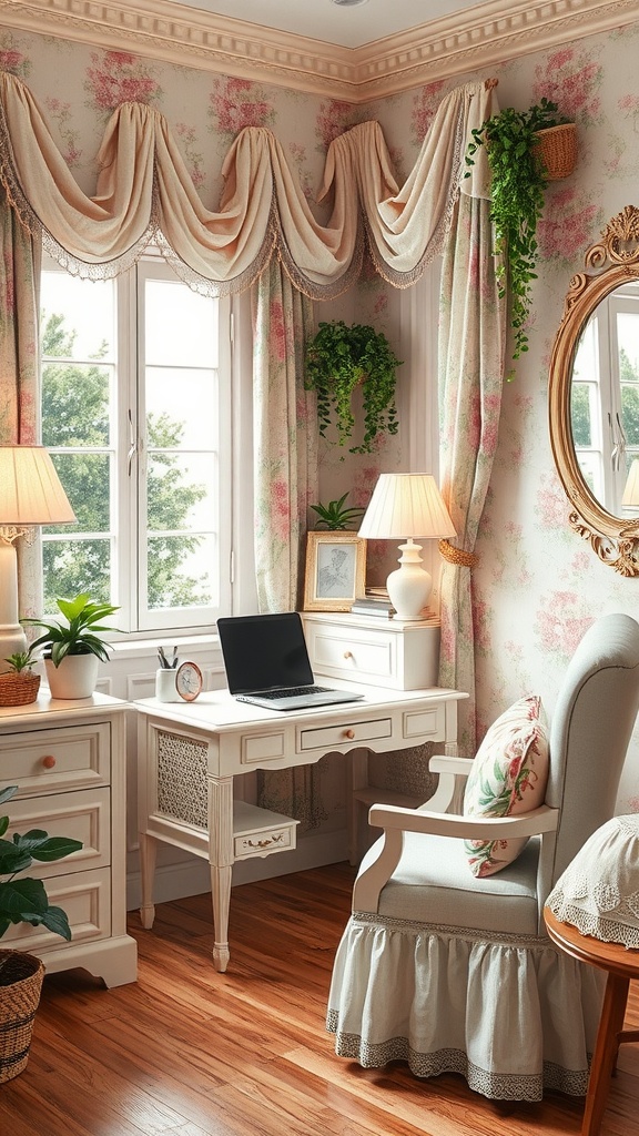 A cozy shabby chic home office featuring layered textures, vintage wallpaper, and elegant curtains.