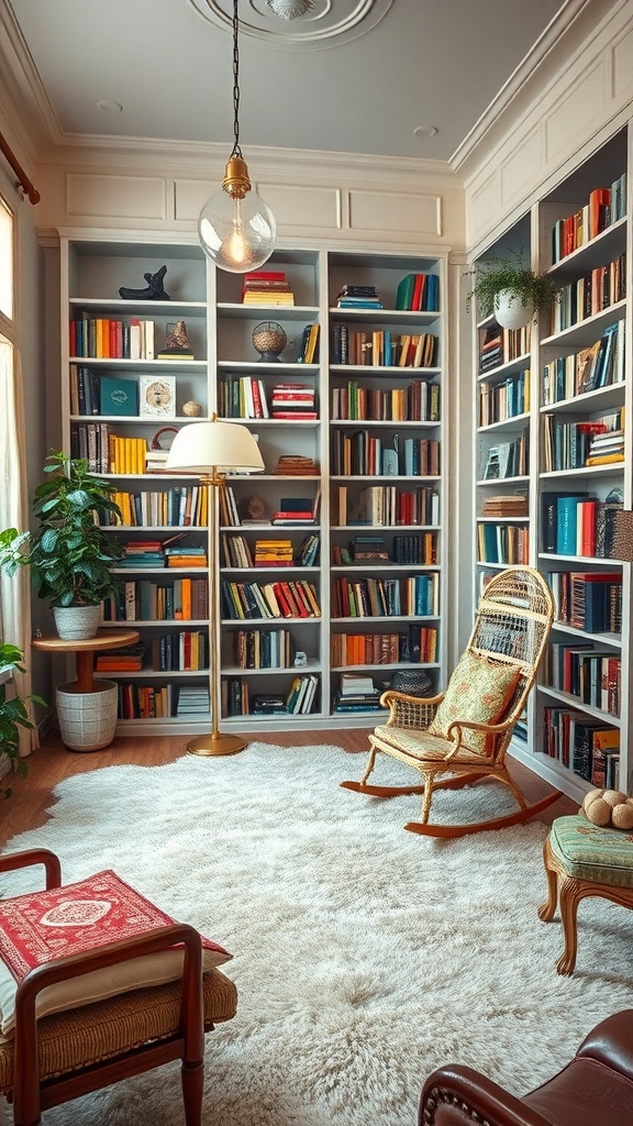 A cozy home library featuring bookshelves, a rocking chair, and a fluffy rug.