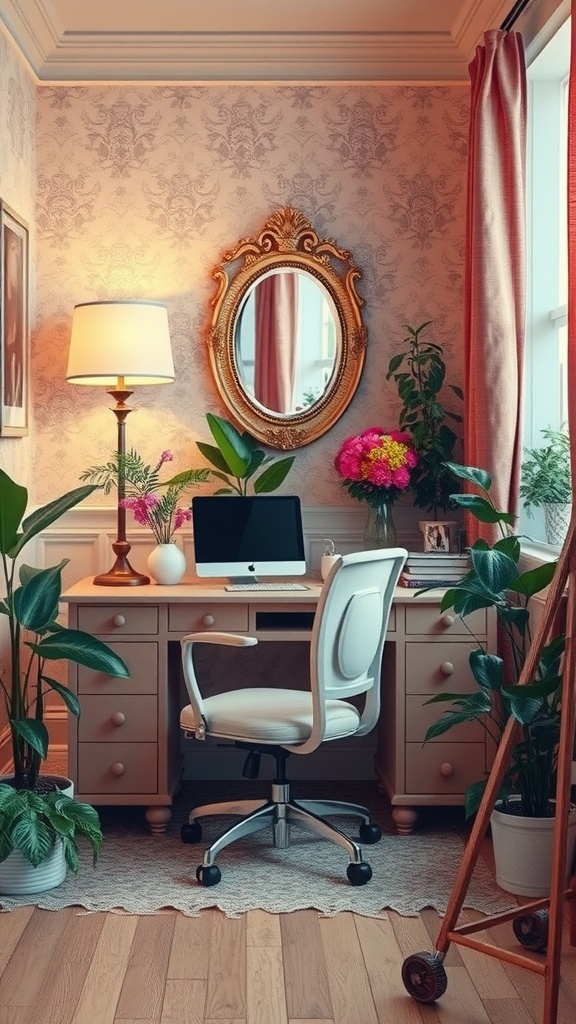 Cozy office nook with life-size plants, vintage decor, and a stylish desk.