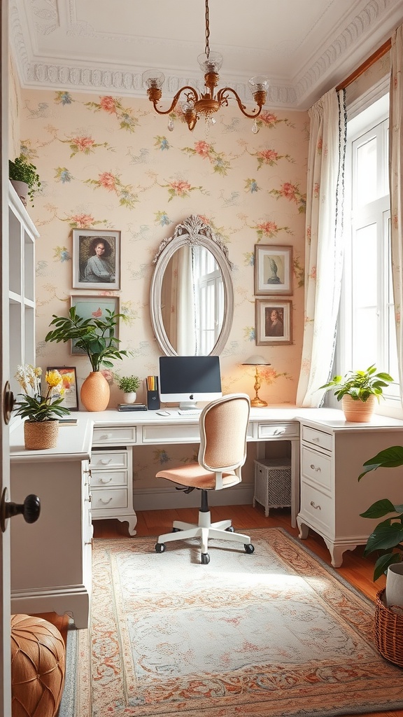 A cozy and stylish home office with pastel floral wallpaper, a chic desk, and a gentle color palette.