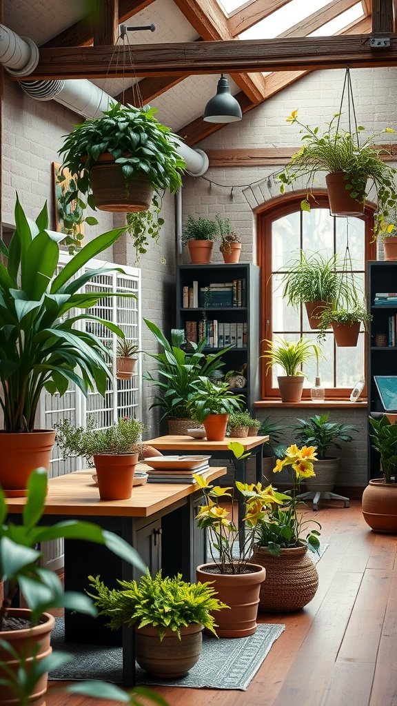 A bright, plant-filled rustic office space with wooden furniture and plenty of greenery.