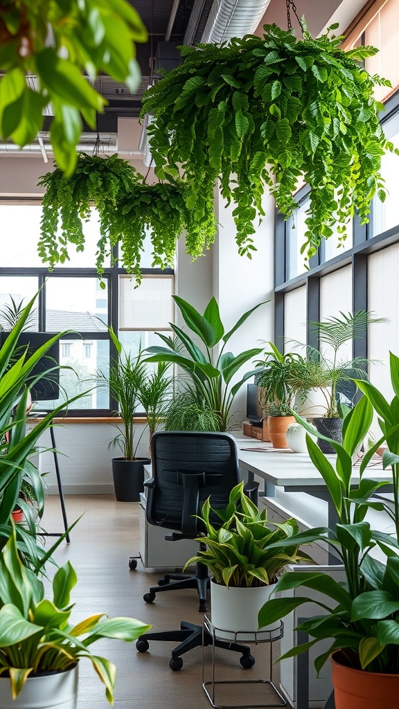 A bright office space filled with various green plants including hanging ferns and potted foliage, showcasing a cozy and inviting workspace atmosphere.