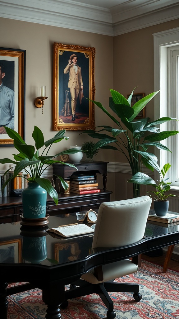 A stylish home office featuring indoor plants, a modern desk, and a laptop.