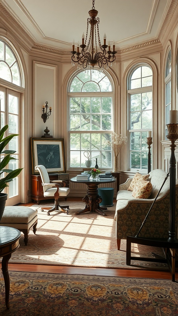 Elegant sunroom designed as a home office with large windows, a chandelier, and stylish furniture.