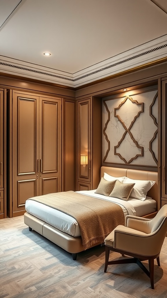 A luxurious Murphy bed setup with wooden cabinetry and soft bedding in a stylish home office