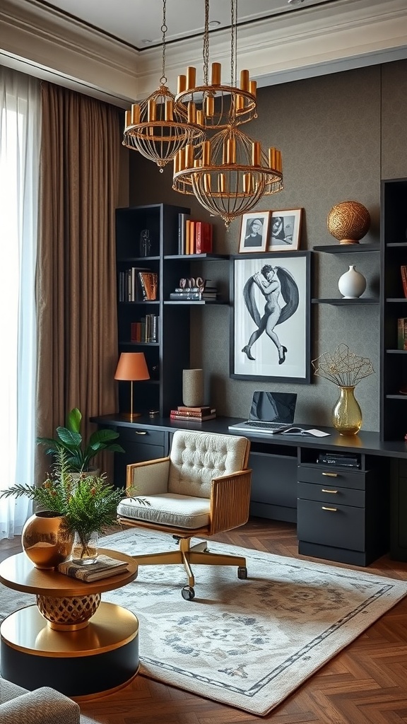 A sophisticated home office with elegant decor, featuring stylish furniture and luxury accessories.