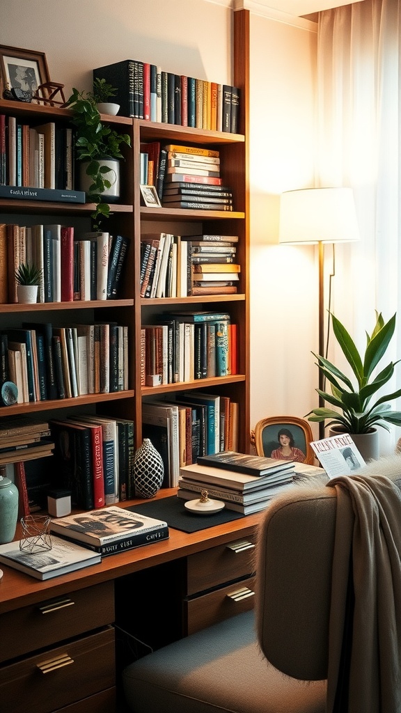 A cozy home library setup with bookshelves filled with books and decorative items.