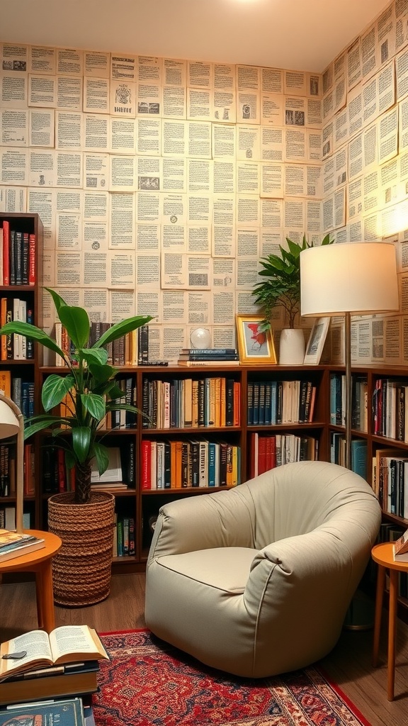 A cozy library room with book page wallpaper, a comfortable chair, and bookshelves filled with books.